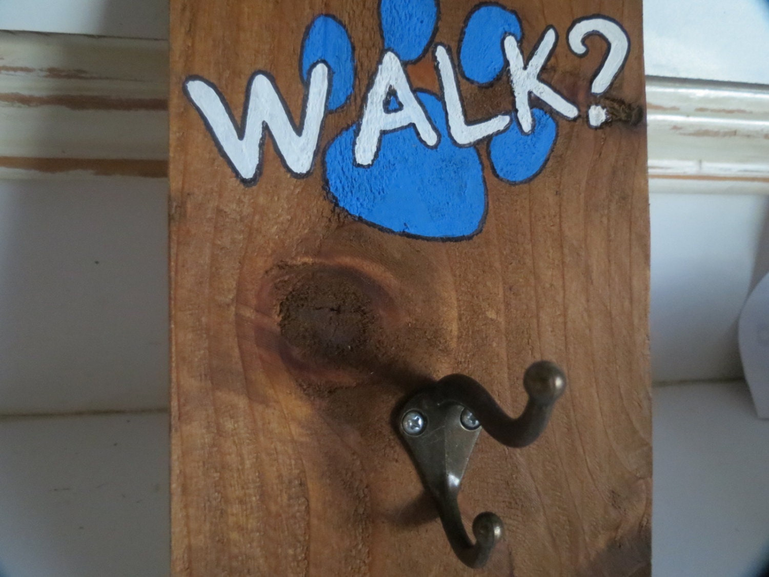 WALK Leash Holder Blue handpainted paw hook by Back40SignzTexas
