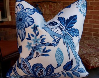 One or Both Sides - ONE High End Schumacher Huntington Gardens Bleu Marine Pillow Cover with Self Cording