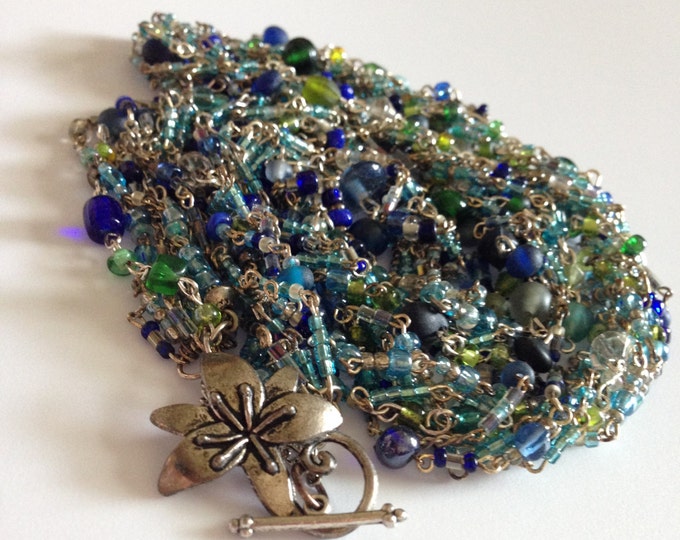 hand beaded blue, green & silver necklace