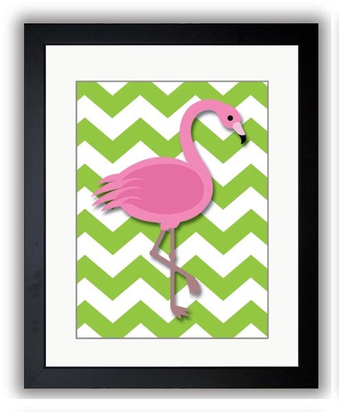 Pink Lime Green Chevron Flamingo Art Child Art Print Girls Pink Kids Room Wall Art Decor Girls Art N
