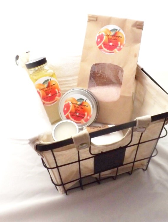 Spa Bath Set with Basket, Super Soft Quick Drying White Towel; Sea Salt Scrub, Lotion Bar, Bath Salts, Sugar Lip Scrub, and Lip Balm