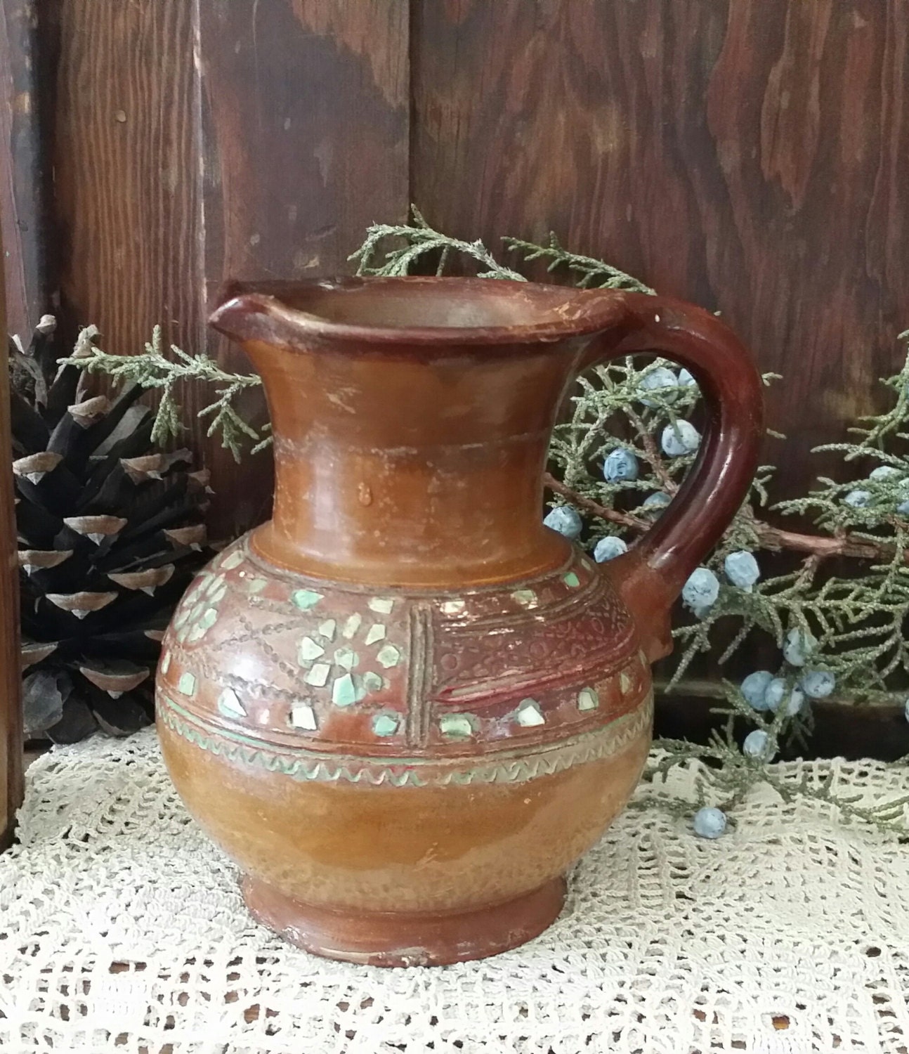 Mexico Red Clay Pottery, Marked MEJICO, Shell Inlay, Pitcher, Vase