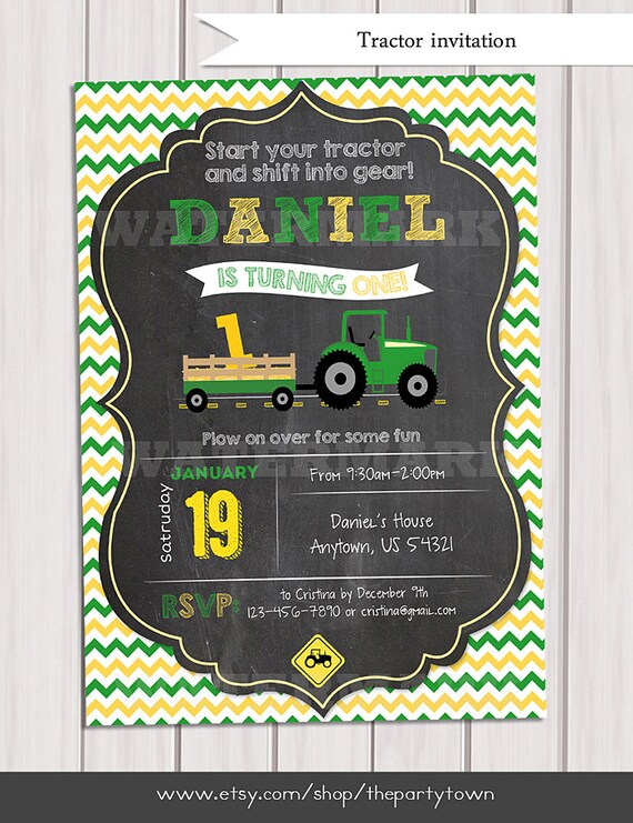Tractor Birthday Invitation Chalkboard Invitation Farm Birthday Invitation green tractor Il_570xn