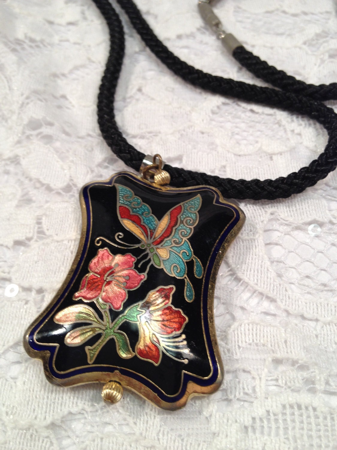 Asian Influence Black Enamel Cloisonne, Iridescent Enamel Pendant