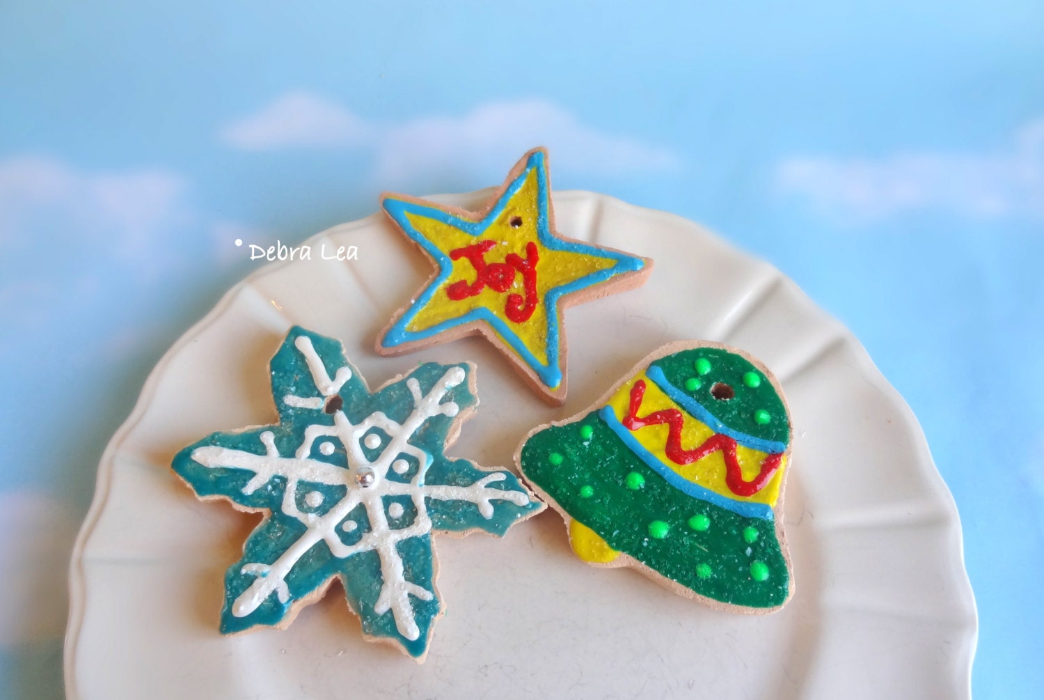 Fake Cookies Set of 3 Handmade Faux Christmas Holiday Gingerbread Sugar Cookie Ornament Aqua Snowflake Star Bell C9