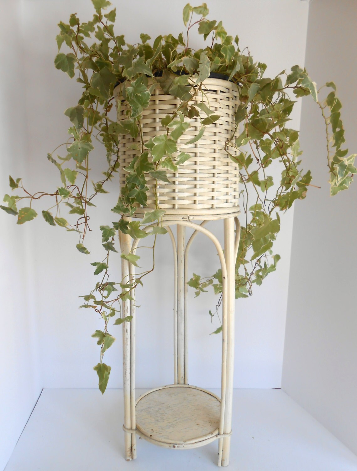Vintage White Shabby Wicker Plant Stand by borninabarnvintage