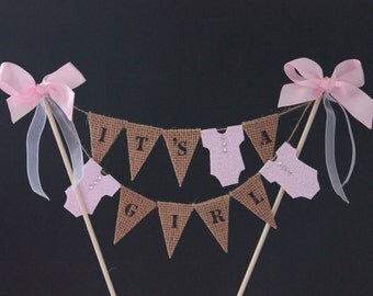 Baby shower cake topper, baby shower cake bunting, baby cake banner, cake flags, christening cake, baptism cake. it's a girl cake cecoration