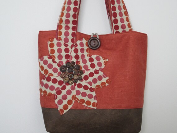 Womens Orange Tote Bag/Large Orange Shoulder Bag/ Polka Dot Fabric Tote Bag/Leather Tote Bag/ Leather Tote Bag/Orange Purse/Orange Handbag
