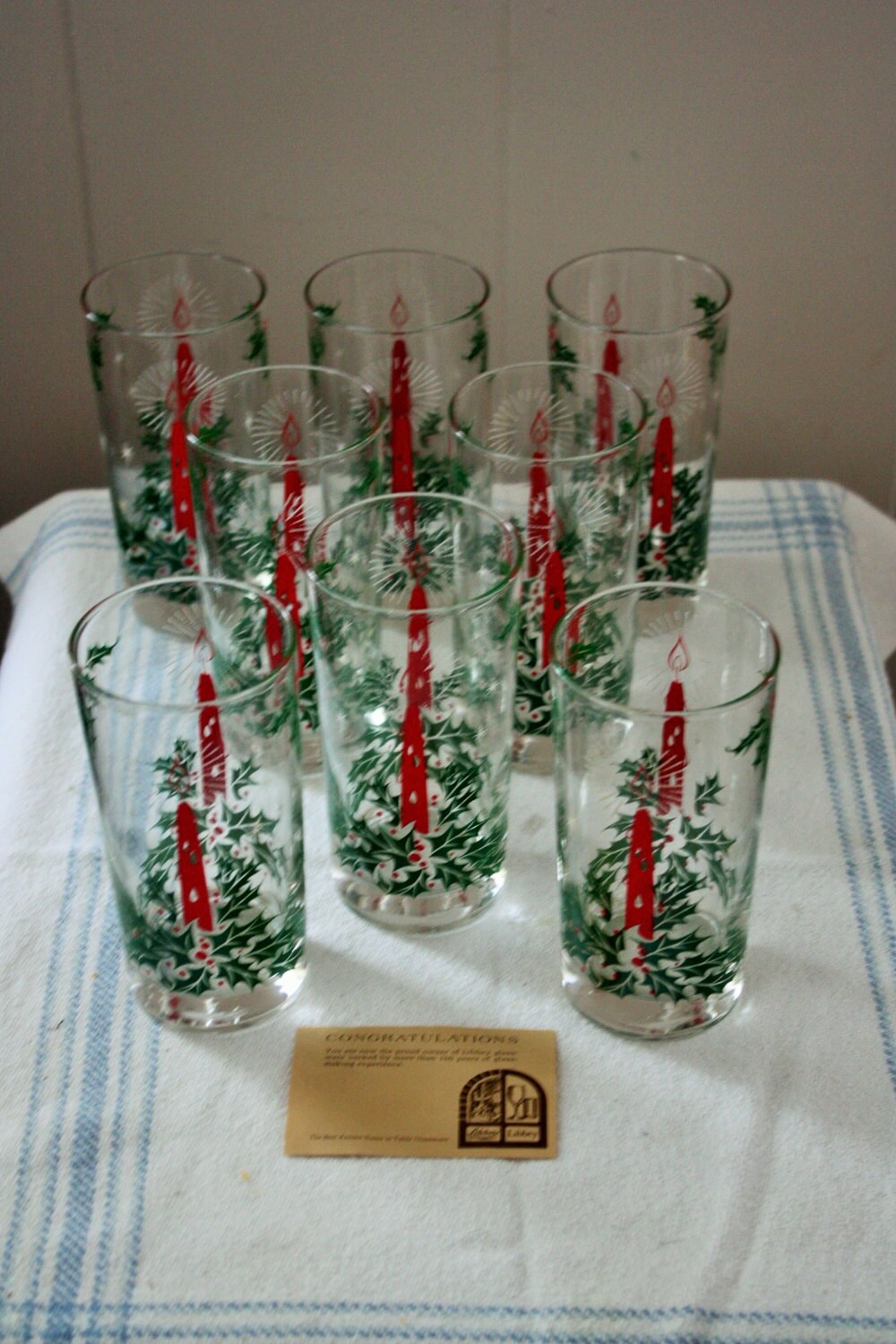 Vintage Libbey Christmas Glass Tumbler Set Holly and Candles