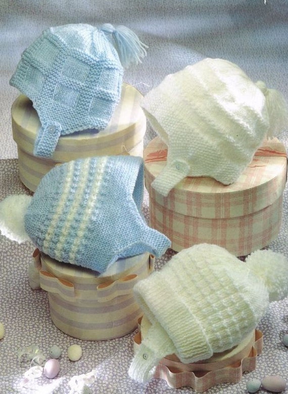 four designs baby hat helmet vintage knitting pattern PDF