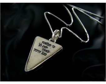 Talisman, Charm, Porte bonheur, Silver amulett, Pendant,Jerusalem stone inset pendant with psalm words engraved.