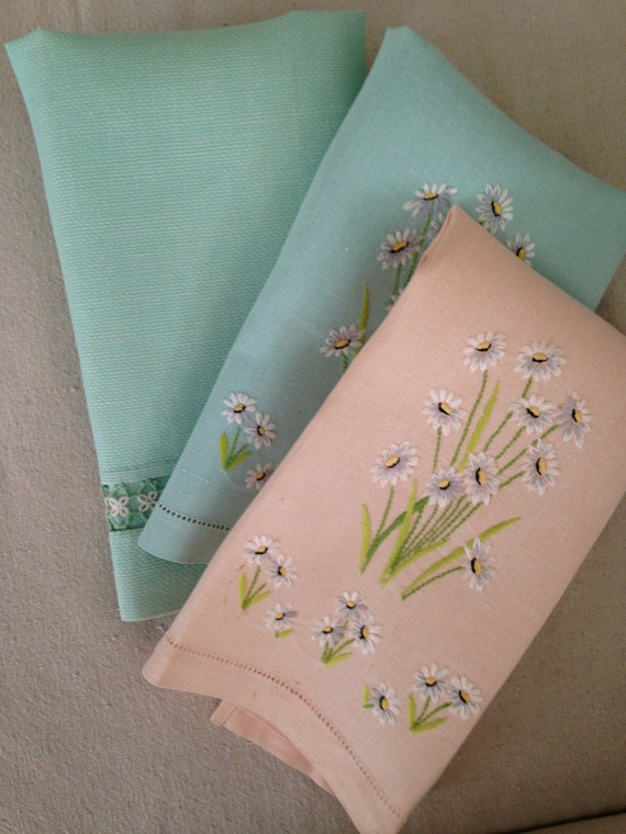 Vintage Linen Embroidered Hand Towels