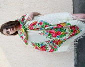 Vintage Ukrainian shawl, russian shawl, Russian Floral Scarf , floral scarf, floral shawl, white shawl,boho wedding shawl