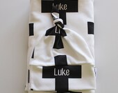 Personalized "Emeryville" Organic Cotton Plus Sign Baby Blanket. Swiss Cross Swaddle Blanket. Black and White Nursery.