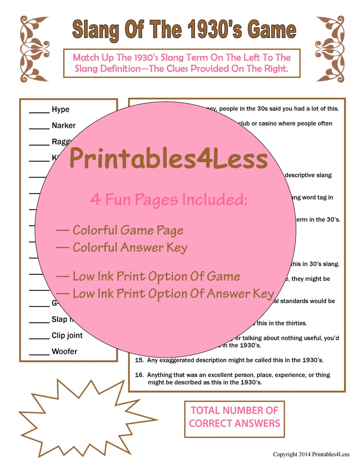 1930s Slang Game 1930s Games 1930s Theme by Printables4Less