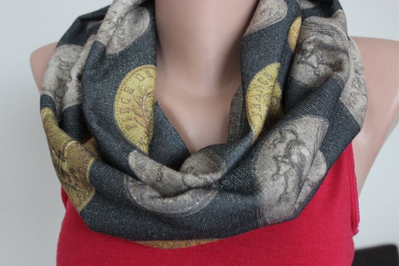 Grey Gold Shiny Scarf Old Coin Print ScarfCoin by ScarfAngel