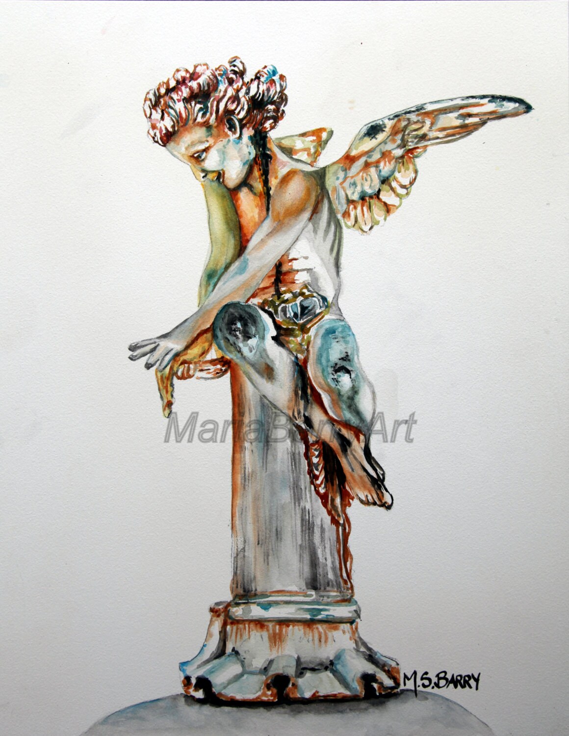 Watercolor Painting of a statue of a little greek angel