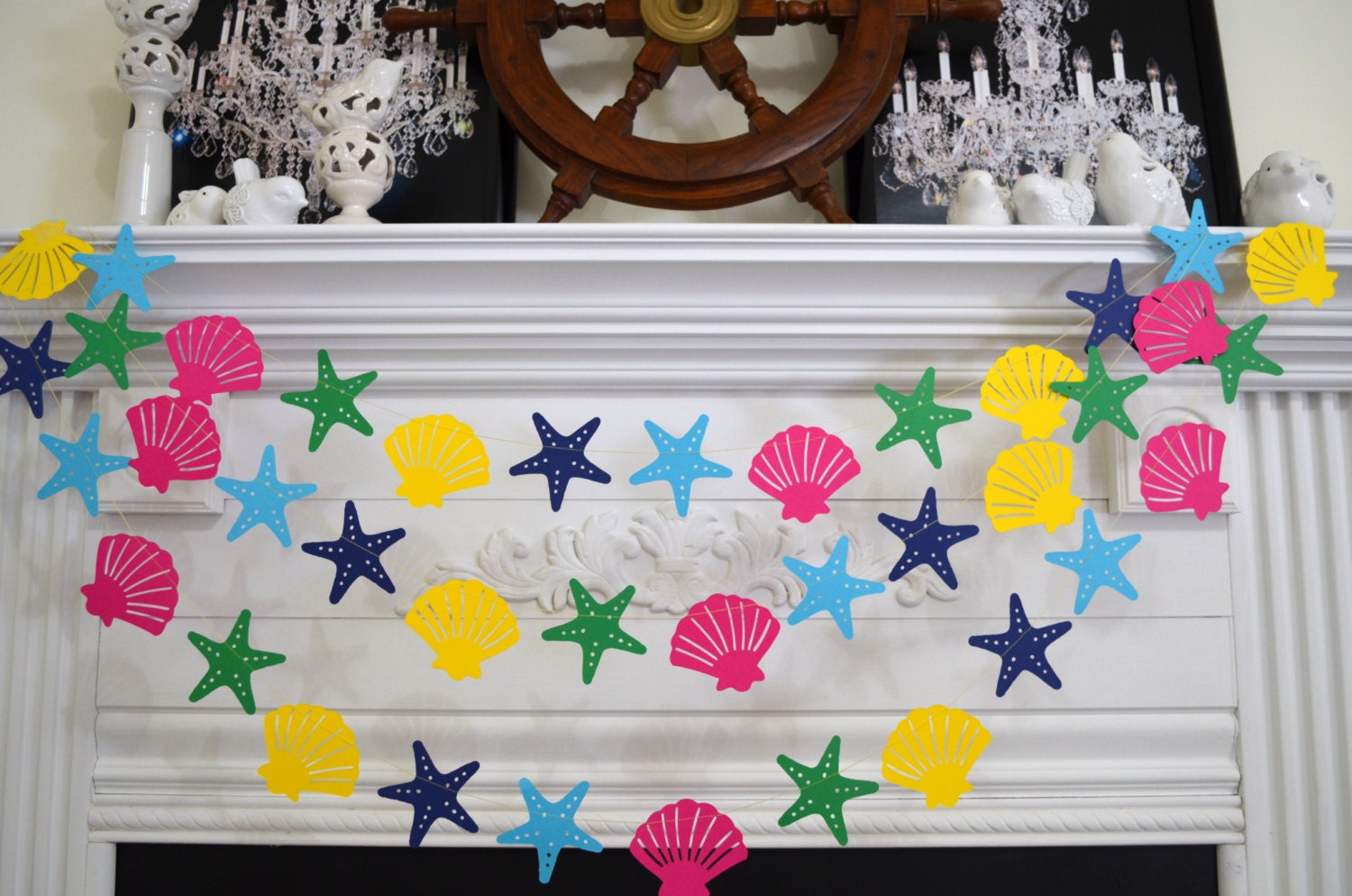 Nautical Decor Starfish Buoy Garland - Beach Decor Garland W Floats Rope Blue