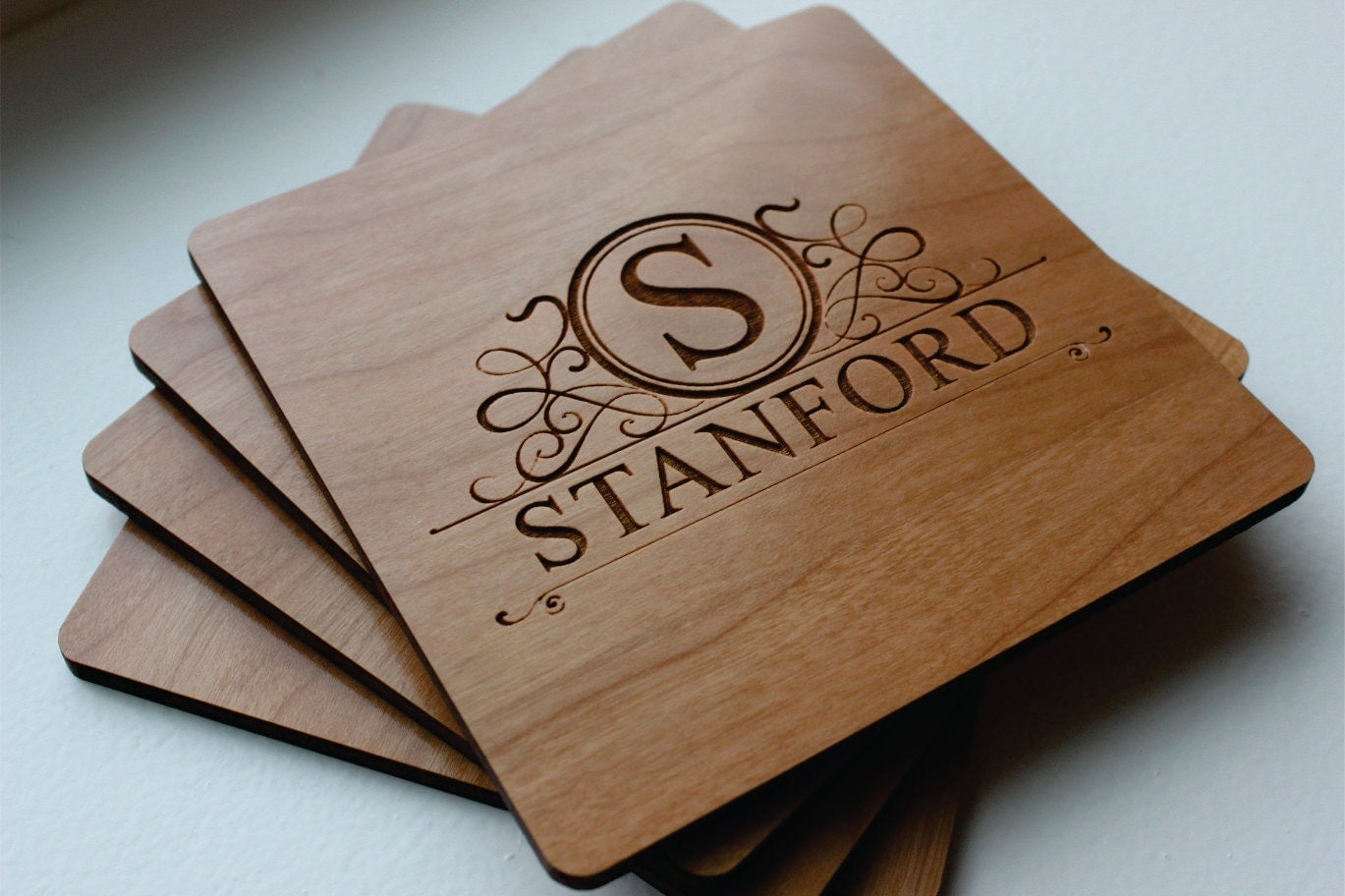 Personalized Wood Coaster Set of 4 Custom Engraved Coasters