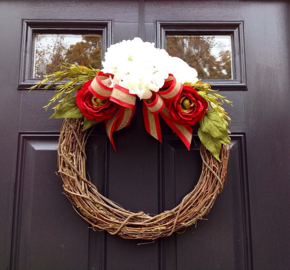 Winter Wreath- Hydrangea Ranunculus Christmas Wreath- Grapevine Christmas Wreath- Holiday Door Wreath