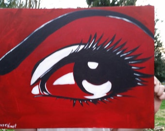 Painting, acrylic on pre-stretched canvas, red, black and white color palette, 24 x 17 3/4