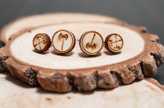 Laser Cut Battle Axes Duo Set Wood Earrings | Unisex earrings Laser Cut Battle Axes Duo Set Wood Earrings | Unisex earrings
