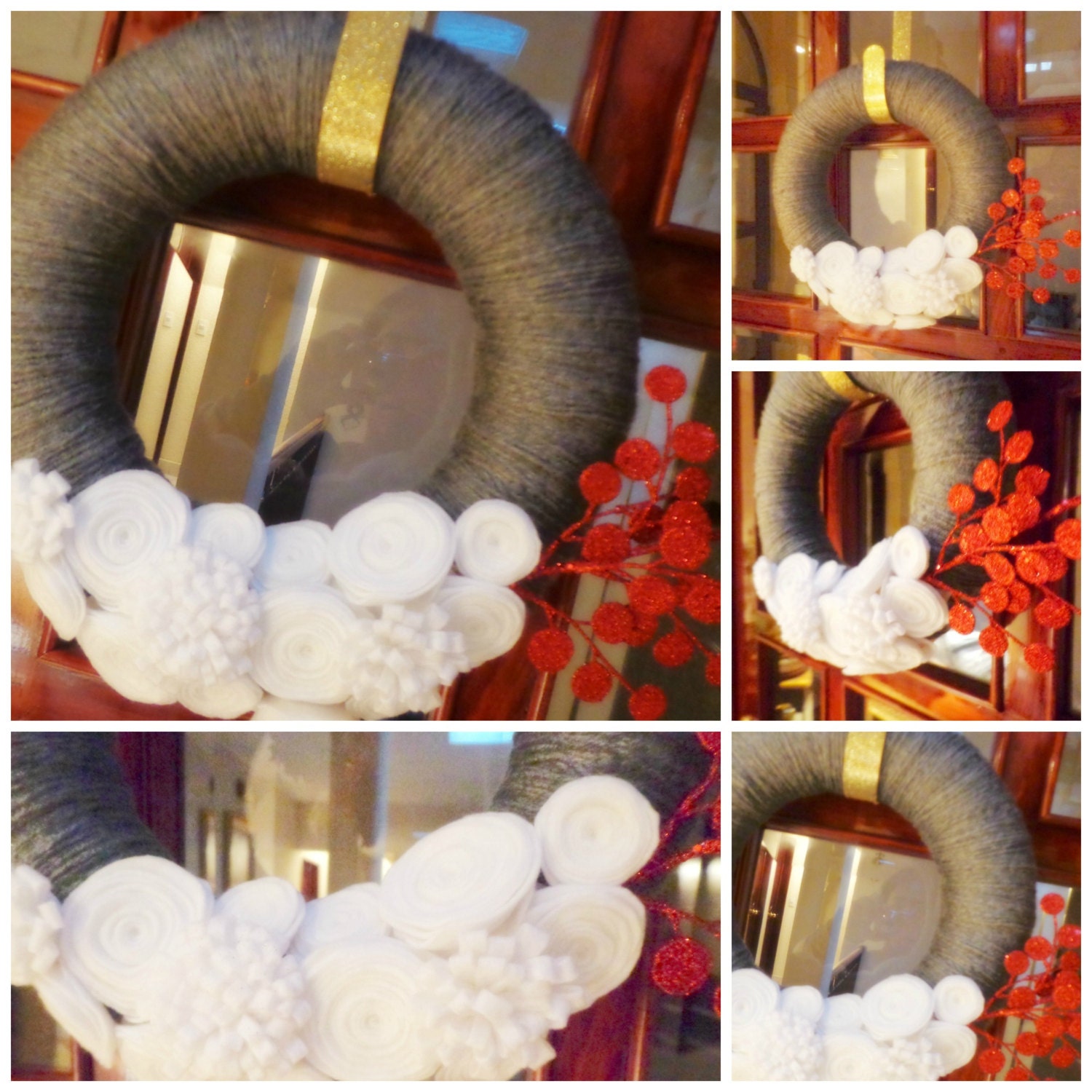 Christmas Wreath - 13 inch - Grey Yarn Wrapped Wreath with White Felt Flowers with a red dots accent. Christmas Wreath