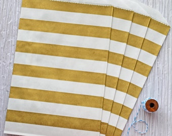 Trendy gold horizontal stripes party favor paper bags 5 x 7.5" - Set of 20