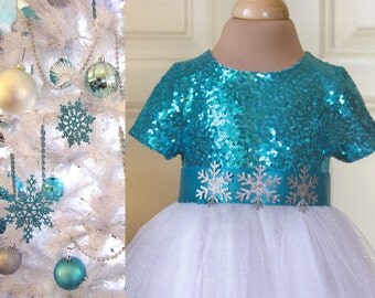 Turquoise Blue White Flower girl Dress Wedding Winter Bridesmaid Communion Christmas Sparkle Tulle Sequin Pageant Party Bridal White