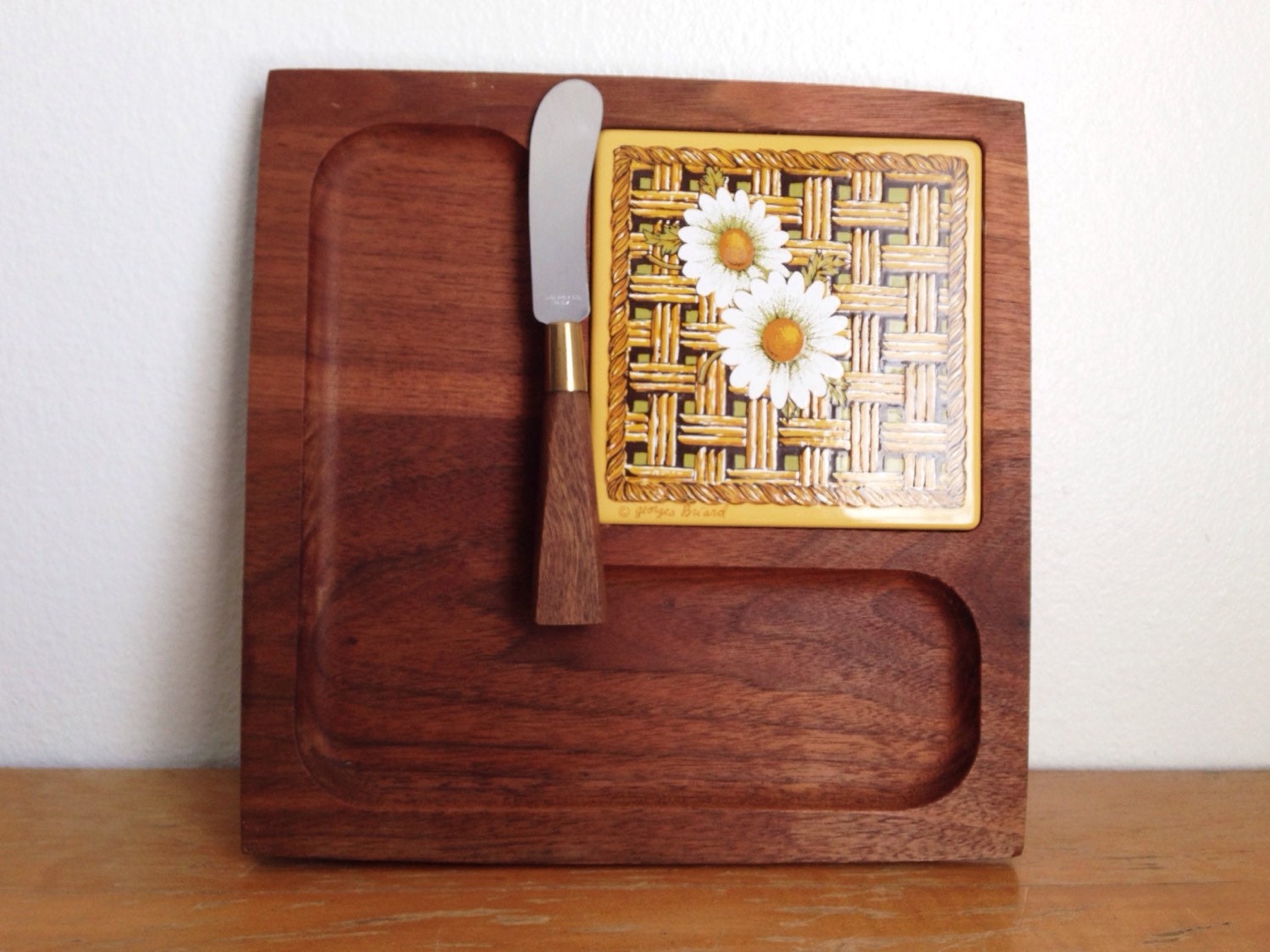 Vintage Briard Wooden Cheese Tray Cutting Board and Knife with