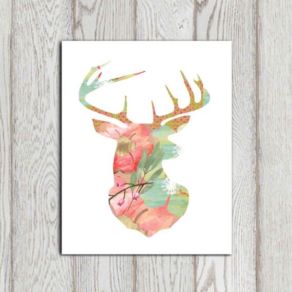 Stag print Floral stag head printable Flower stag Pink Green