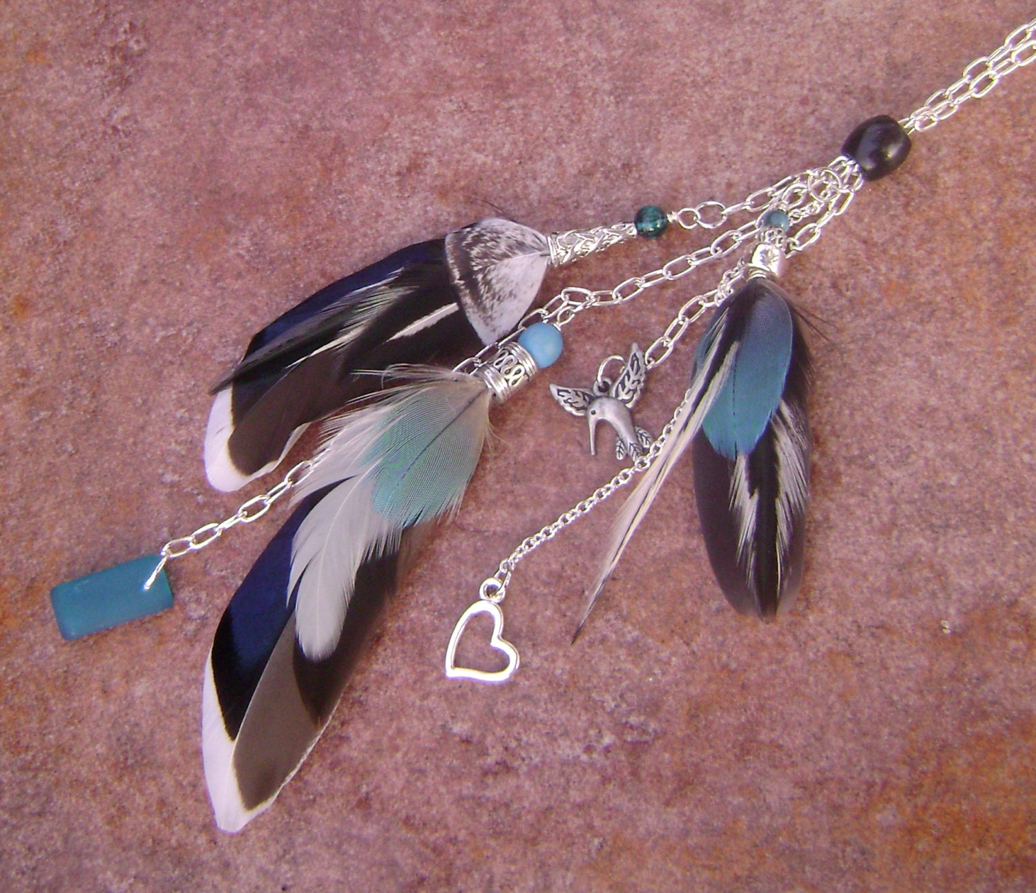 Blue feather necklace real feathers real feather necklace