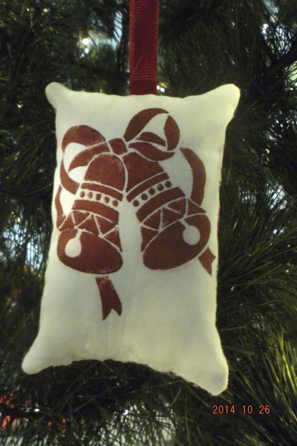 Burgundy Bells with Ribbon Stenciled Pillow Christmas Tree Ornament FREE SHIPPING!