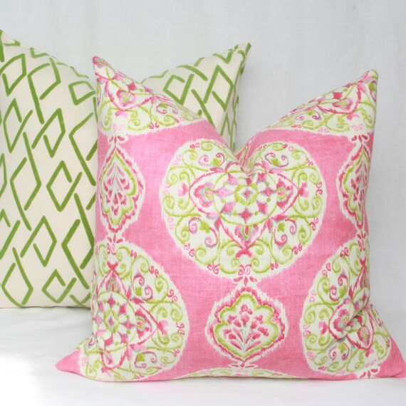 Items similar to Pink & green decorative throw pillow cover. 18