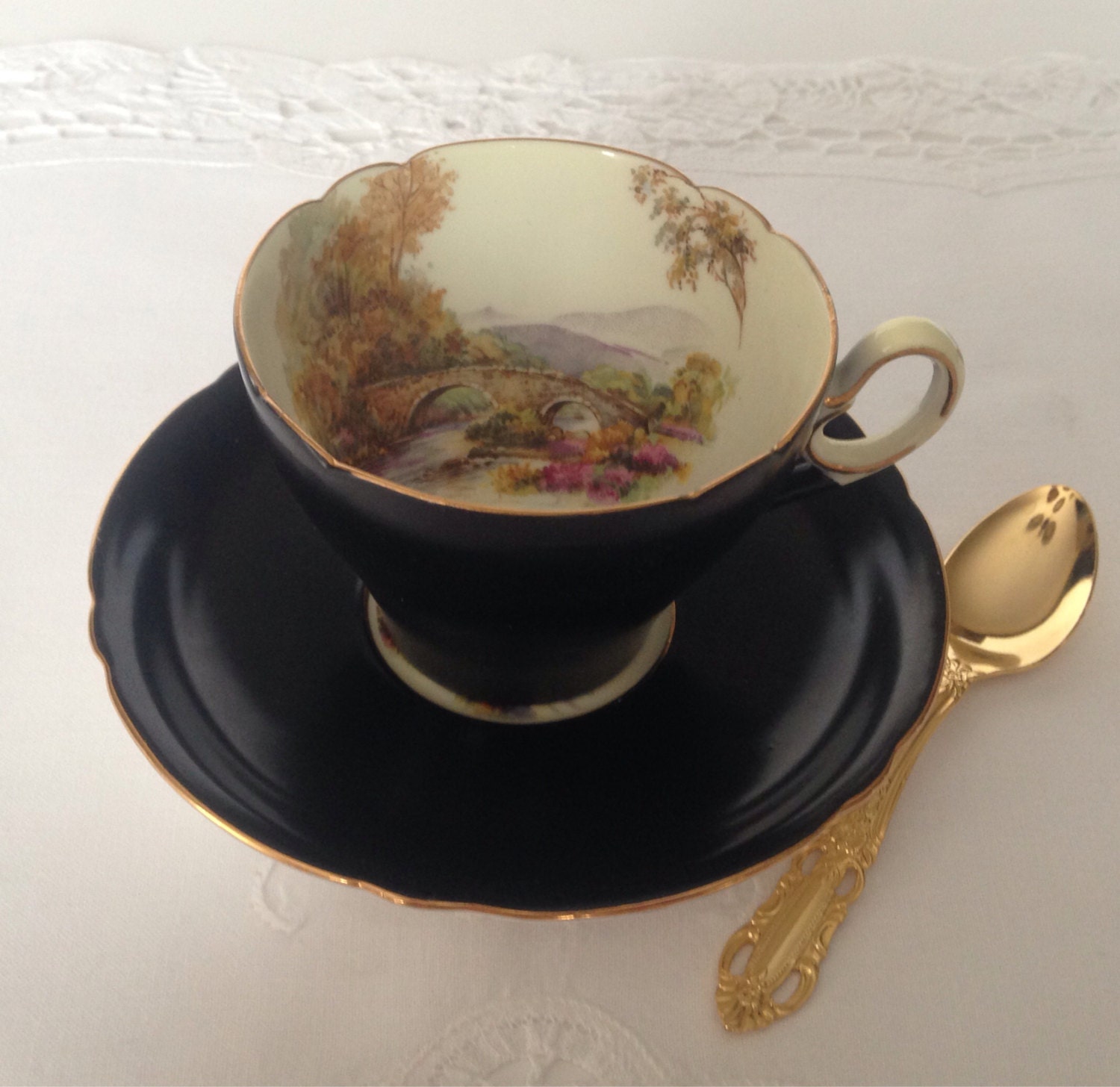 Vintage Shelley Black Satin Tea Cup & Saucer