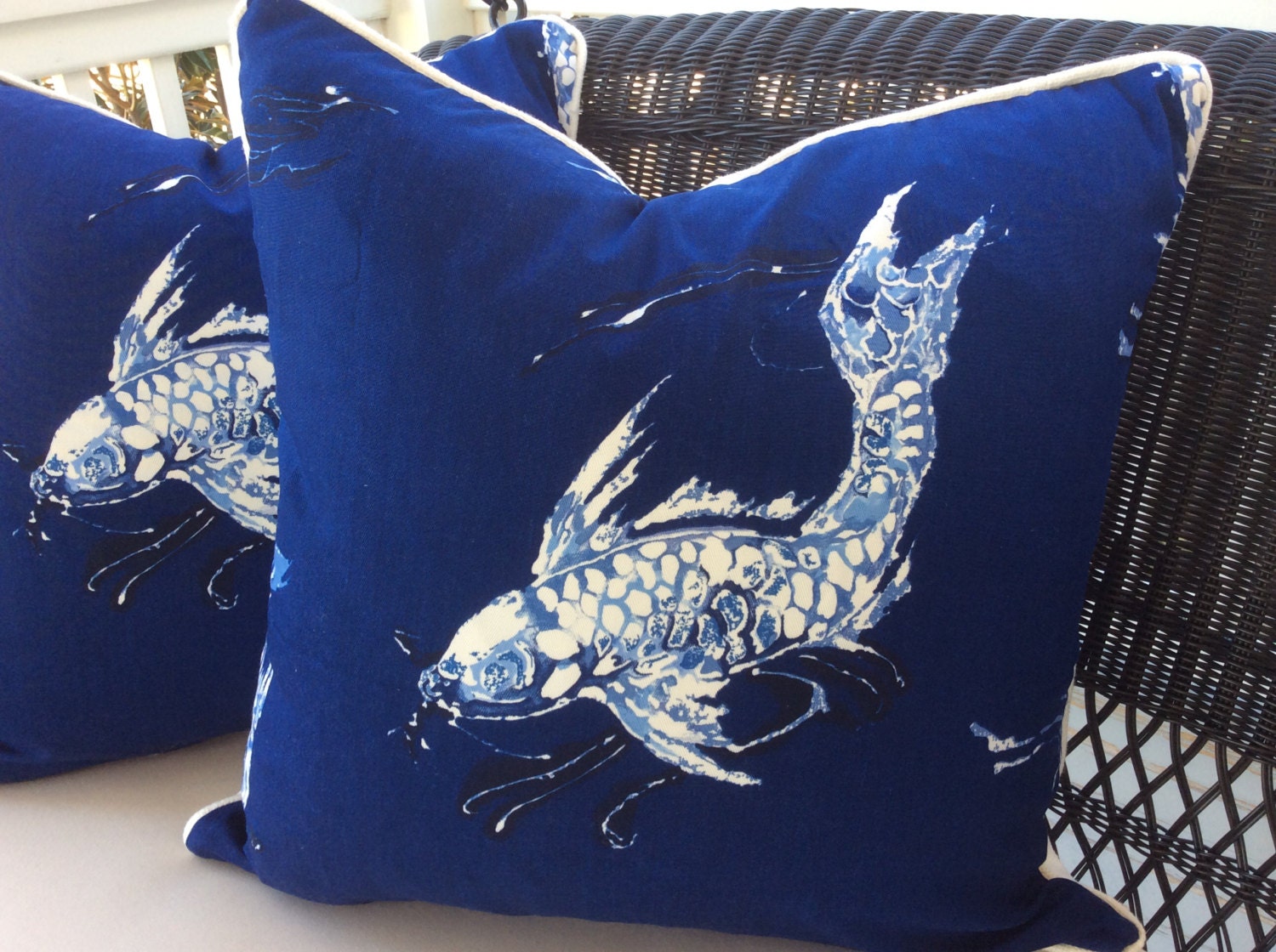 Ralph Lauren Pillow Cover in Cadet Navy Blue and White Koi