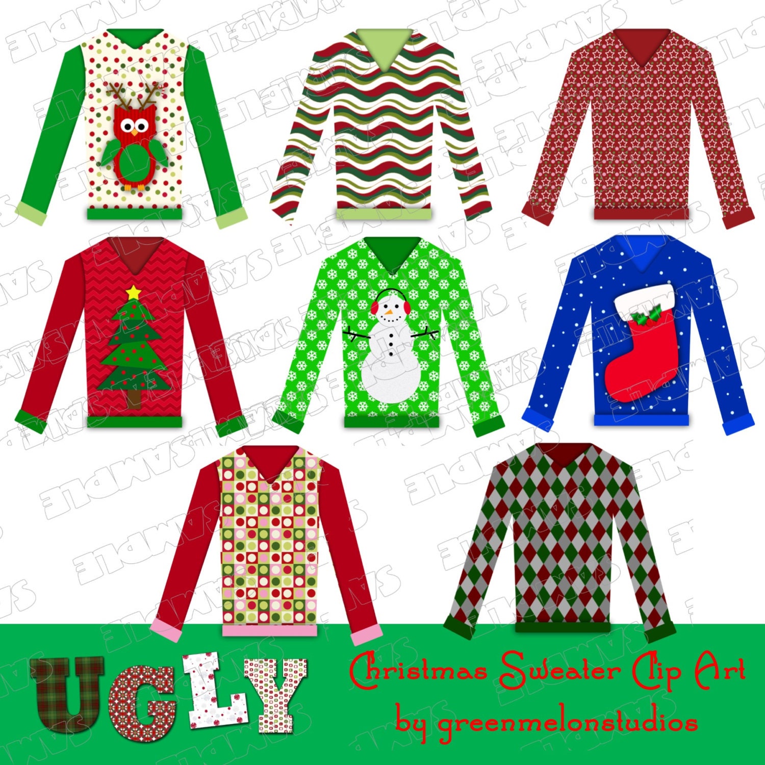 Ugly Christmas Sweater Party Clipart and by greenmelonstudios
