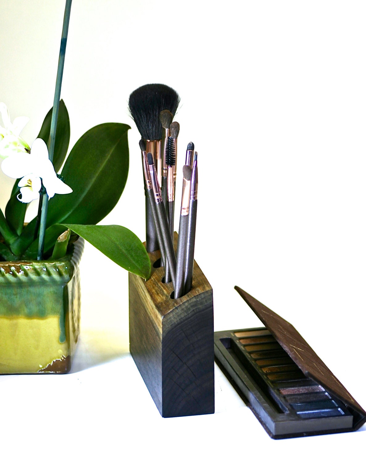 Reclaimed Black Walnut Wood Cosmetic Brush Holder Makeup