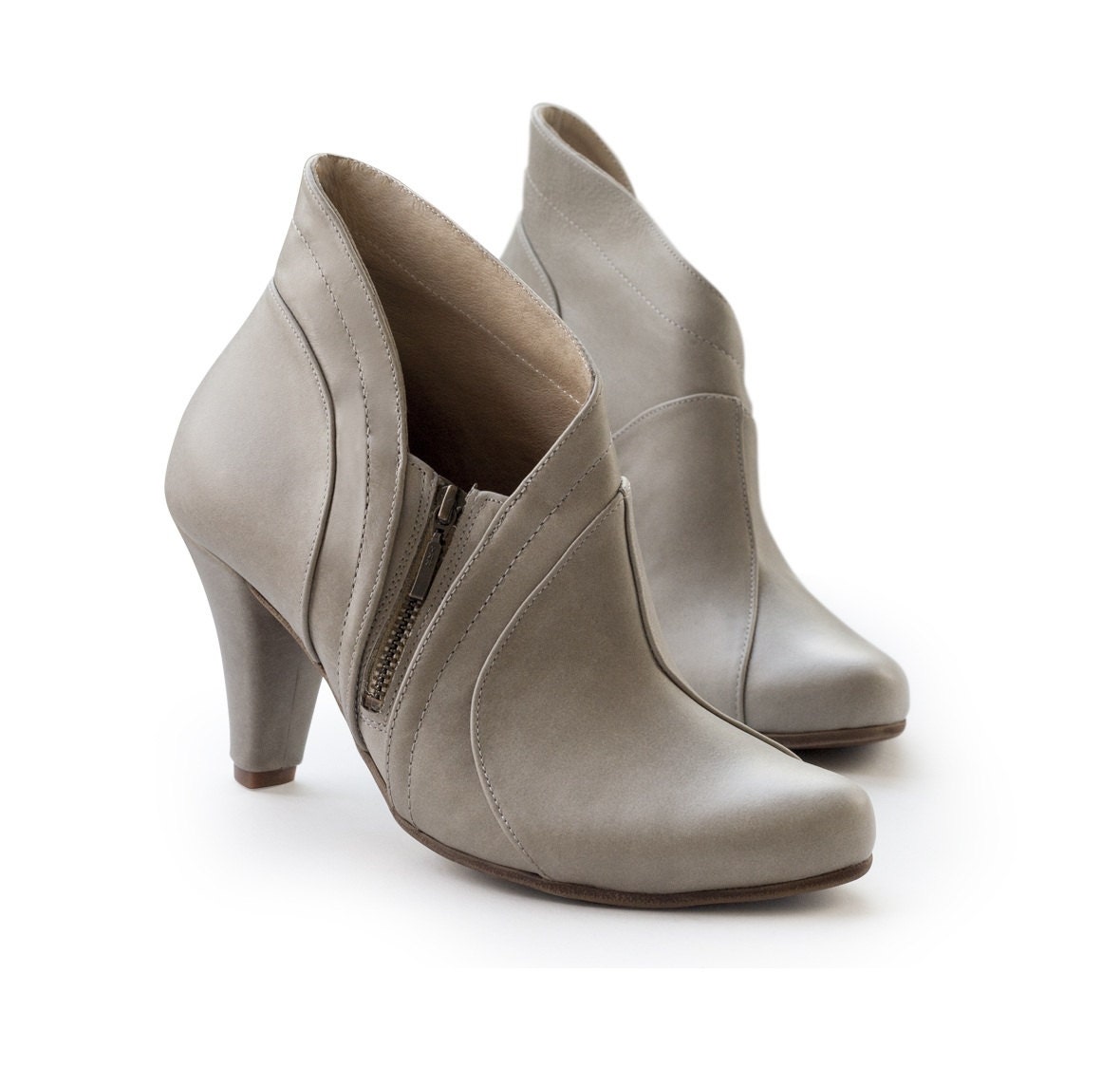 grey leather booties heel