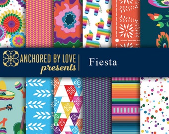 Fiesta digital paper, Mexican digital paper, Party digital paper, piñata, sombrero, papel picado, digital paper pack of 12