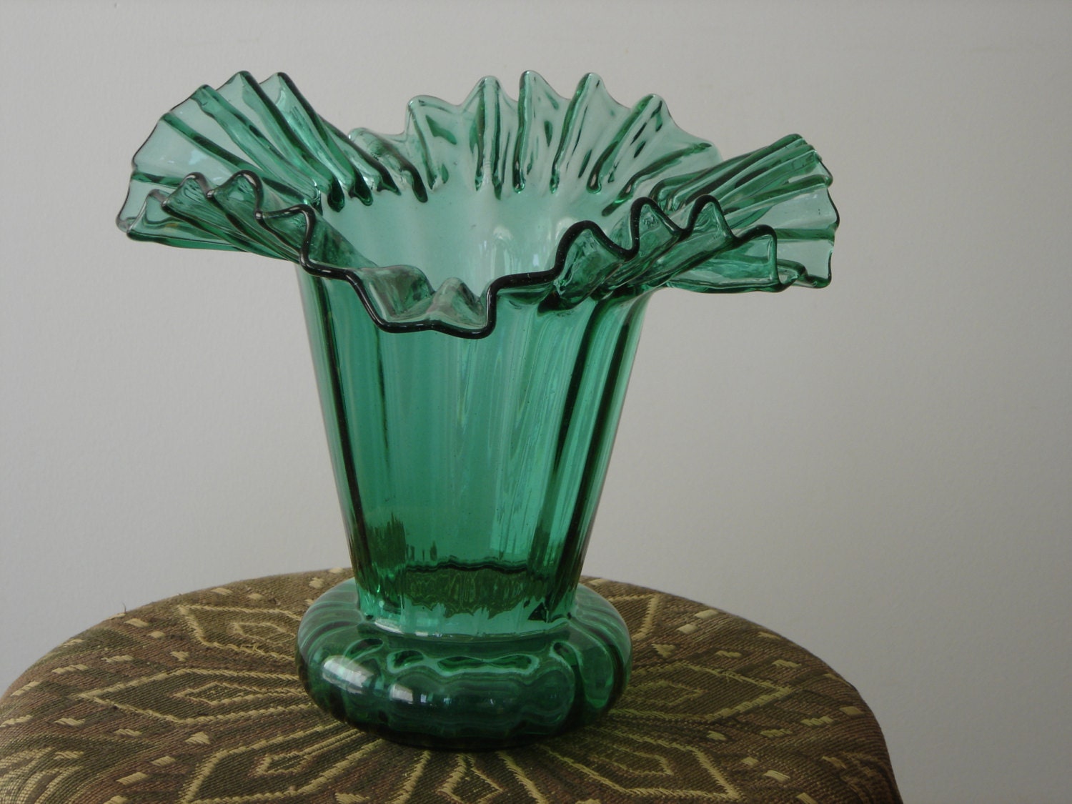 Mexican Hand Blown Ruffled Edge Green Glass Vase by METALTOLACE