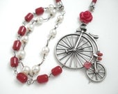 Handmade Unique Modern Necklace- Pearls and Antique Ottoman Real Cherry Bakelite Faturan Islamic Prayer Beads-Silver Old Fashion Bicycle