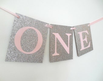 One Banner Girl First Birthday Banner One Highchair Banner One Photo Prop Silver Pink Party Winter Onderland First Princess Party One Decor