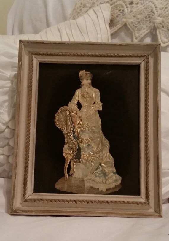 Rare Vintage Paper Art & Gold Foil Framed Victorian Woman