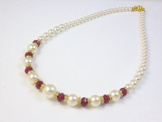 Ruby Necklace: Pearl and Ruby Necklace, Gemstone Necklace, Swarovski ...