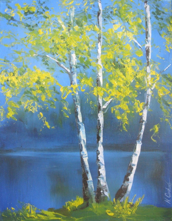 Birch tree oil painting ORIGINAL summer evening river small