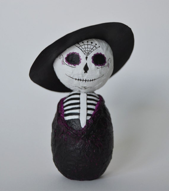 Catrina , Halloween , Muñeca Kokeshi Madera , Técnicas Mixtas , Día de los Muertos ,