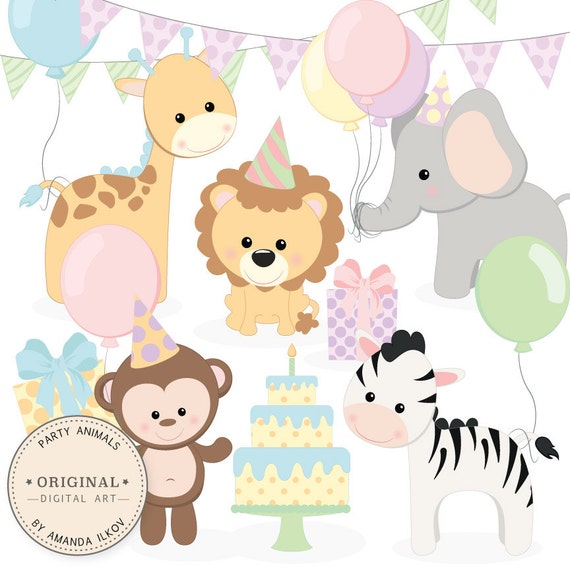 Download Professional Baby Birthday Party Animals Clipart & Vector Set