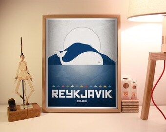 Reykjavik print. Iceland cityscape. Reykjavik skyline. Wall decor art. Typography art. Digital print. City. Whale. Travel.