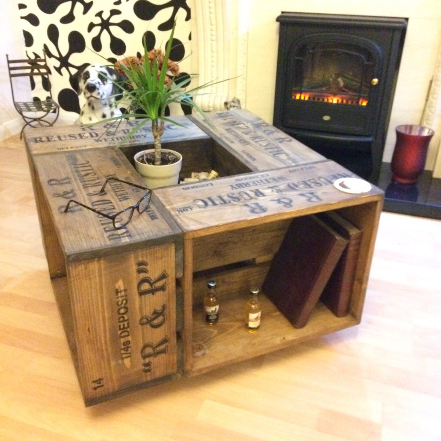 Rustic Crate Coffee Table On Wheel Casters Farmhouse Style